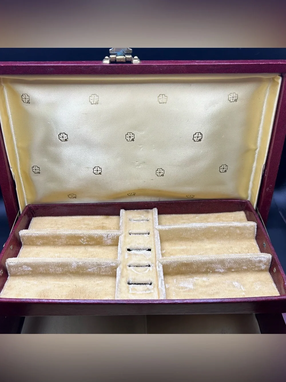 Vintage Mele/Thorens Burgundy & Gold Leatherette Jewelry Music Box. Tested Works